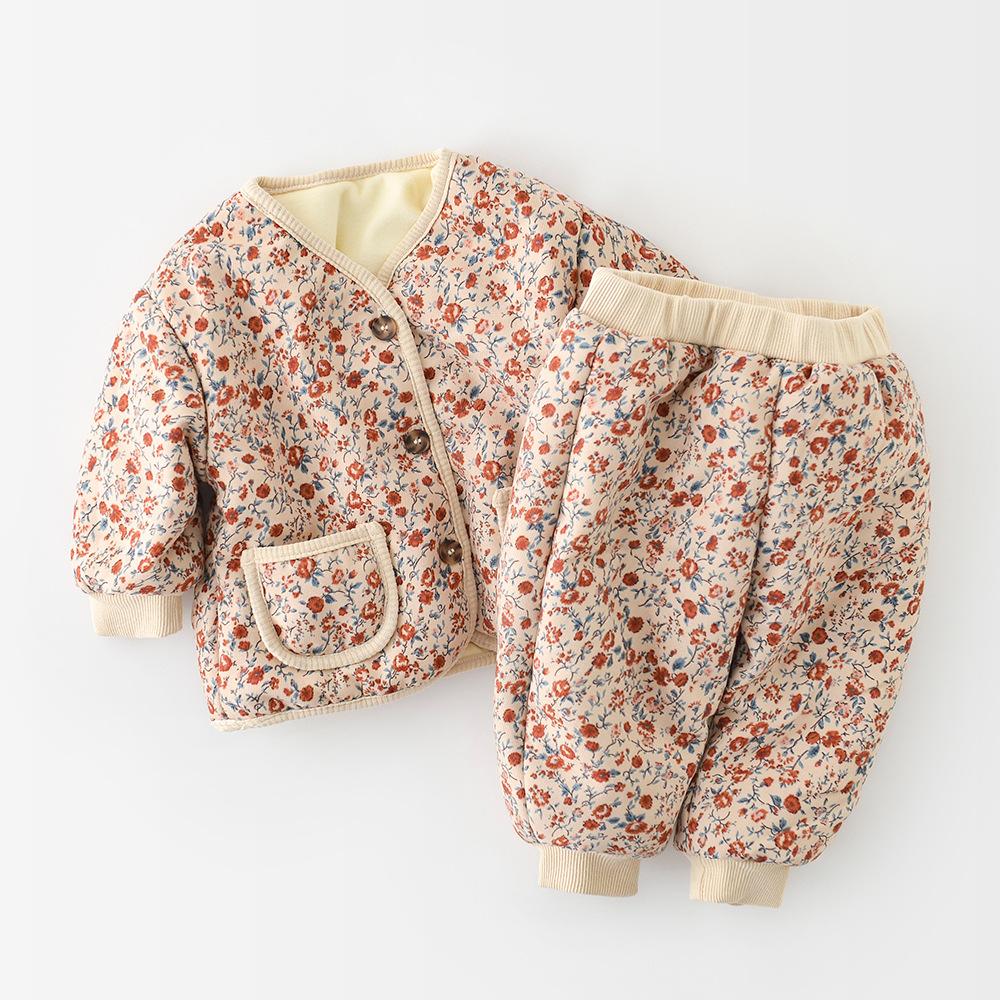 Korean Winter Children Girls 2PCS Clothes Cotton Thicken Floral Border Kid Jogger Pants Suit Long Sleeve Single Breasted Outfit