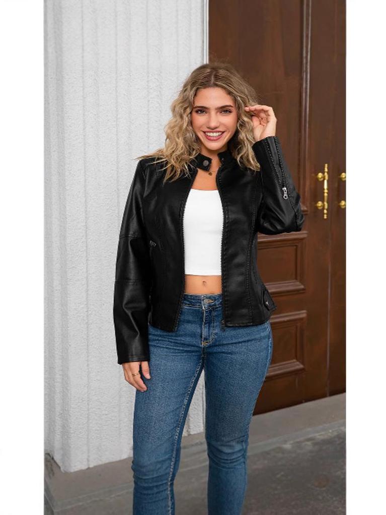 Women's European Slim Fit Faux Leather Motorcycle Jacket, 2025 Summer Style with Stand Collar