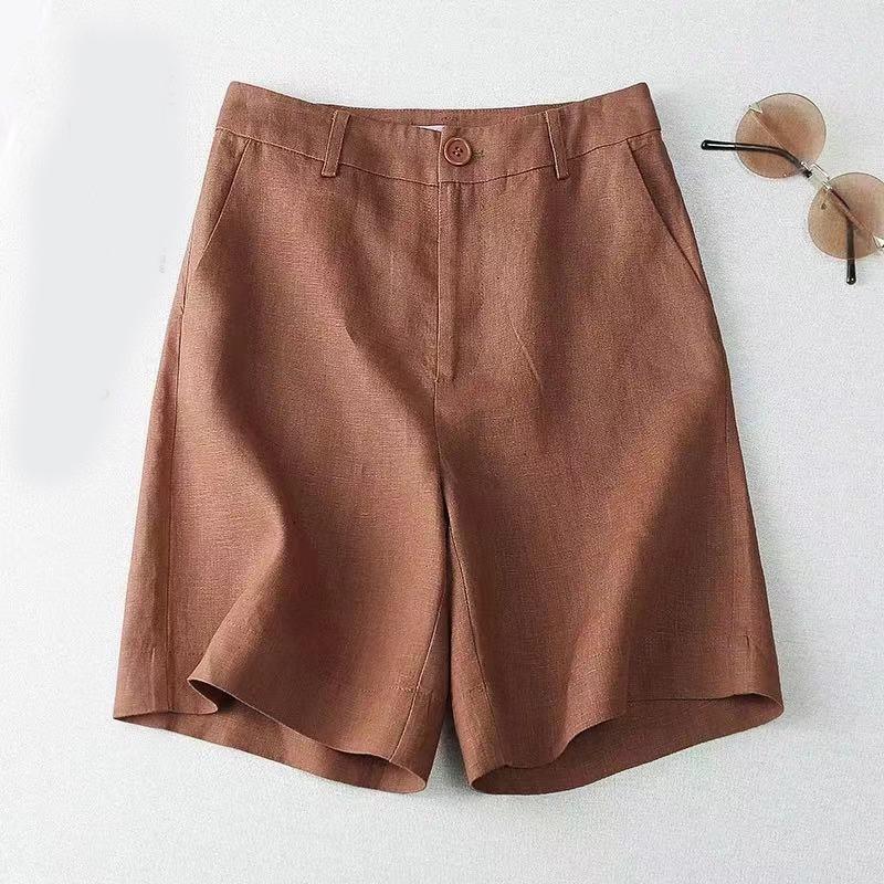 

Летние повседневные женские шорты больших размеров с широкими штанинами. Элегантные хлопковые льняные шорты. Женские однотонные короткие брюки с высокой талией. Короткие брюки пять четвертей 1098. 3XL