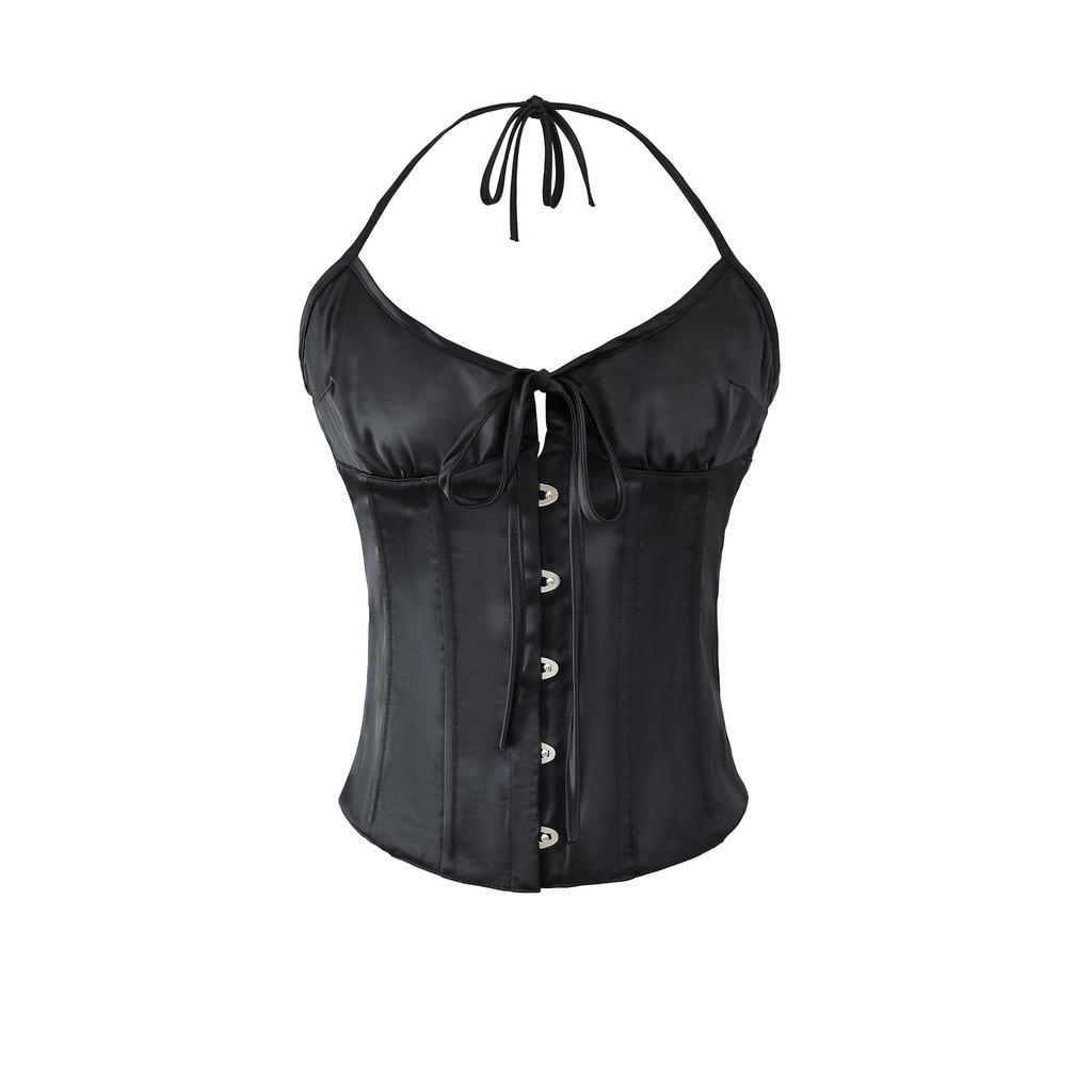 European Satin Solid Color Halter Neck Camisole for Women – Adjustable Tie-Up Back, Sexy and Chic Design