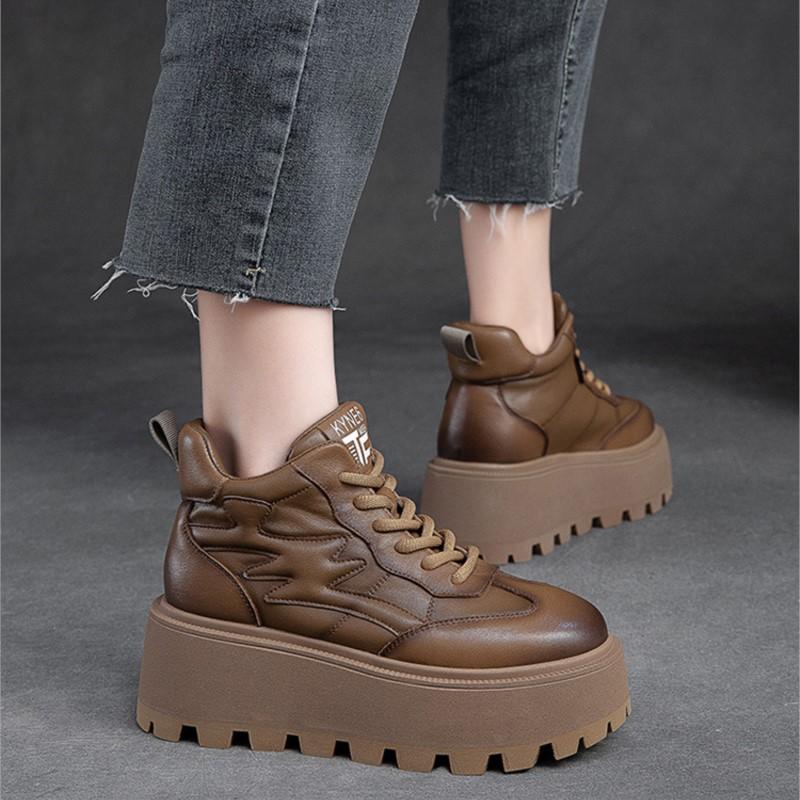 Fashion GKTINOO Loafers for Women 7cm Retro Genuine Leather Ankle Boots British Autumn Winter Plush Moccasins Rubber Soled Flats Shoes