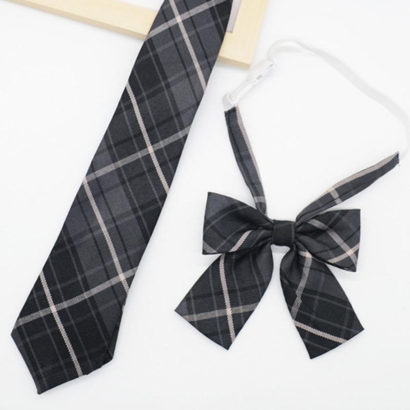 JK Gray Checkered Neck Tie Pre-Tied Bowtie for School Uniform Formal Business