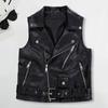 Belt Decor Vest Coat Retro Motorcycle Waistcoat with Zipper Pockets Belt Decor for Women Faux Leather Vest Coat for Commuting