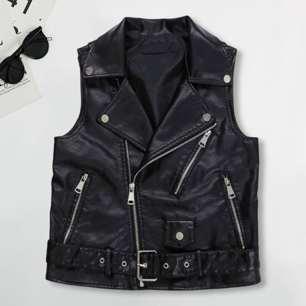Belt Decor Vest Coat Retro Motorcycle Waistcoat with Zipper Pockets Belt Decor for Women Faux Leather Vest Coat for Commuting