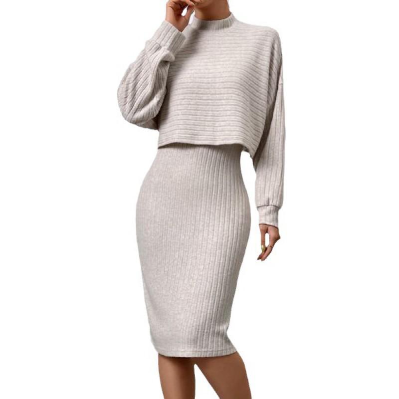 Womens Casual Two-Piece Set Long Sleeve Top Slip Skirt With Ribbed Texture Street Style Outfit