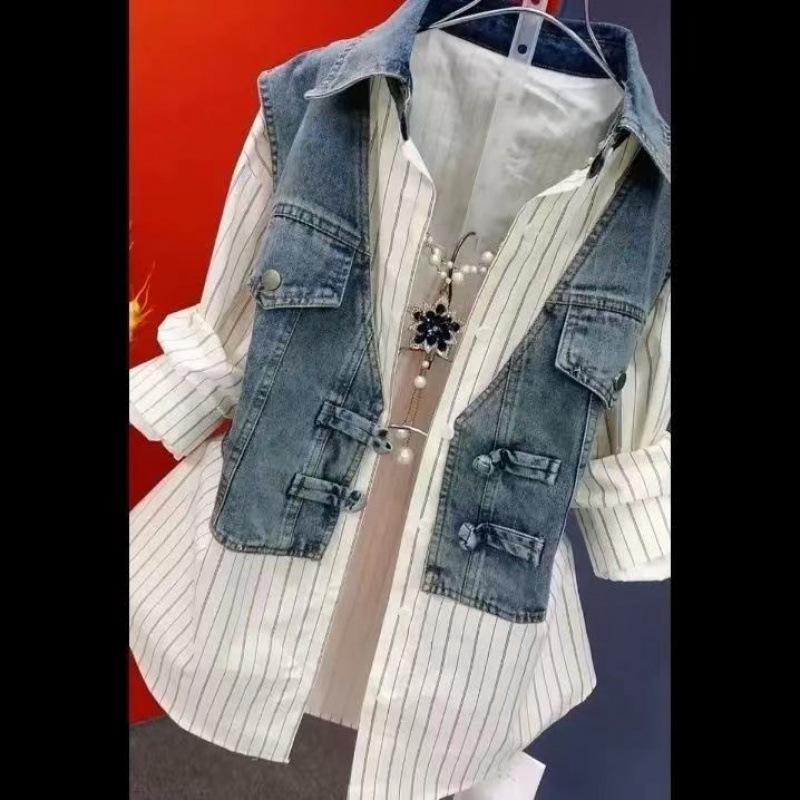 Design Sense Striped Denim Jackets Shirt Women's Spring Summer Cowboy Splicing Fake Two Pieces Shirt Coat Top Women