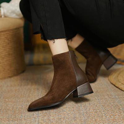 Square Head Short Boots Women's 2025 Autumn and Winter Simple Splicing Brown Thick Heel Martin Boots Suede Middle Heel Back Zipper Short Boots Women