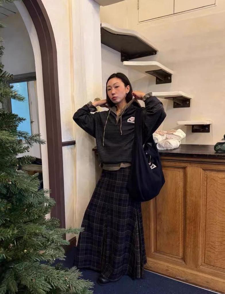 Viaplan Korean Autumn/Winter Elegant Retro Plaid Wool A-line Skirt