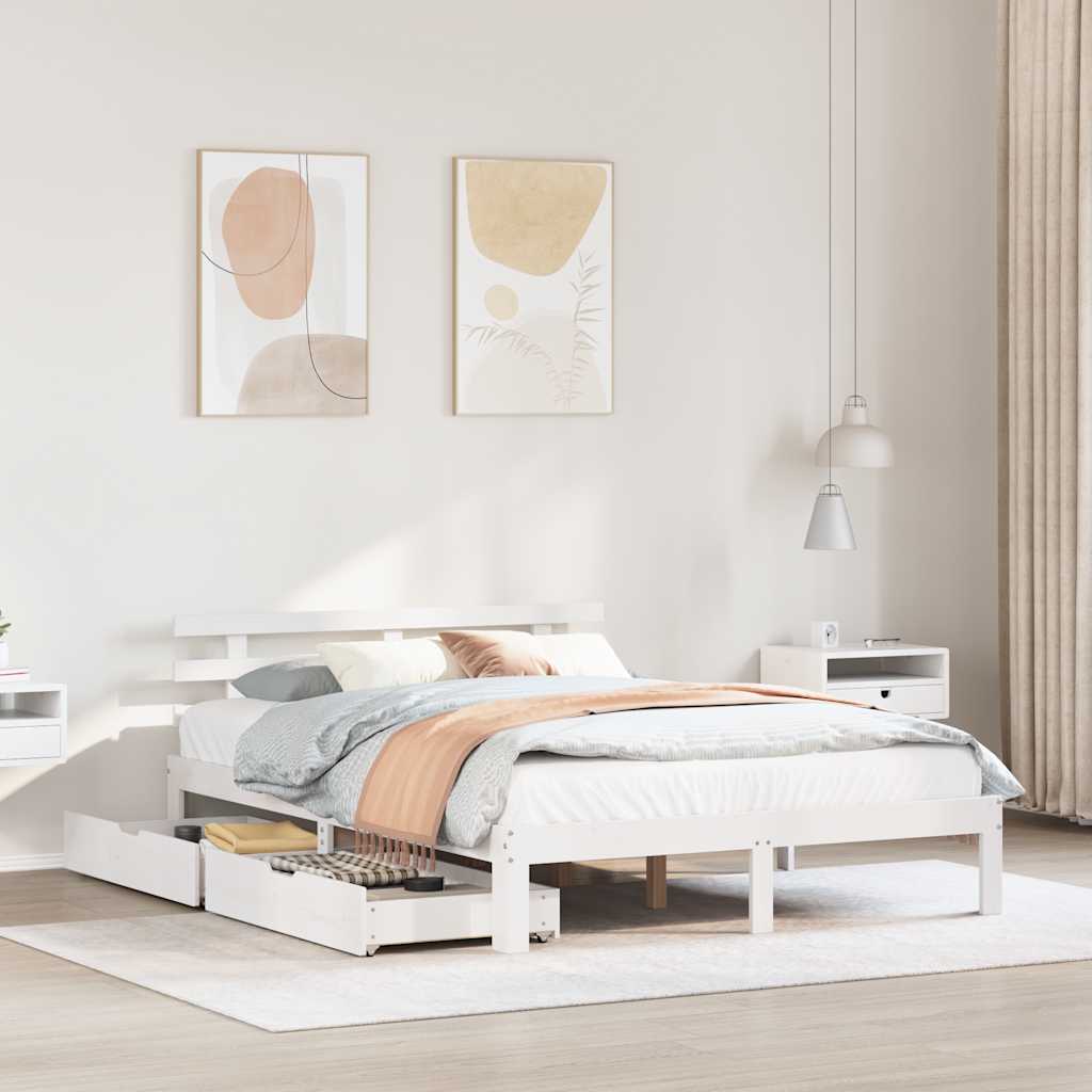 Solid Wood Bed with Drawers White 150x200 cm Pine
