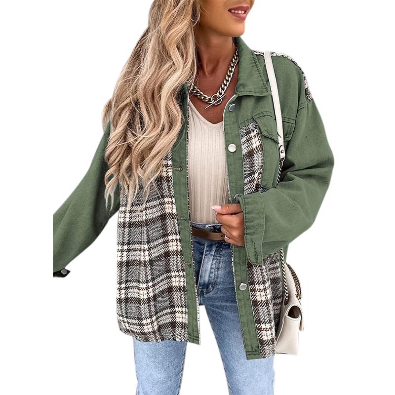 Denim Jacket Checkered Button Up Shirt Jacket Women's Patchwork Jacket Warm Comfortable Commuter Long Sleeved Shirt Autumn Winter