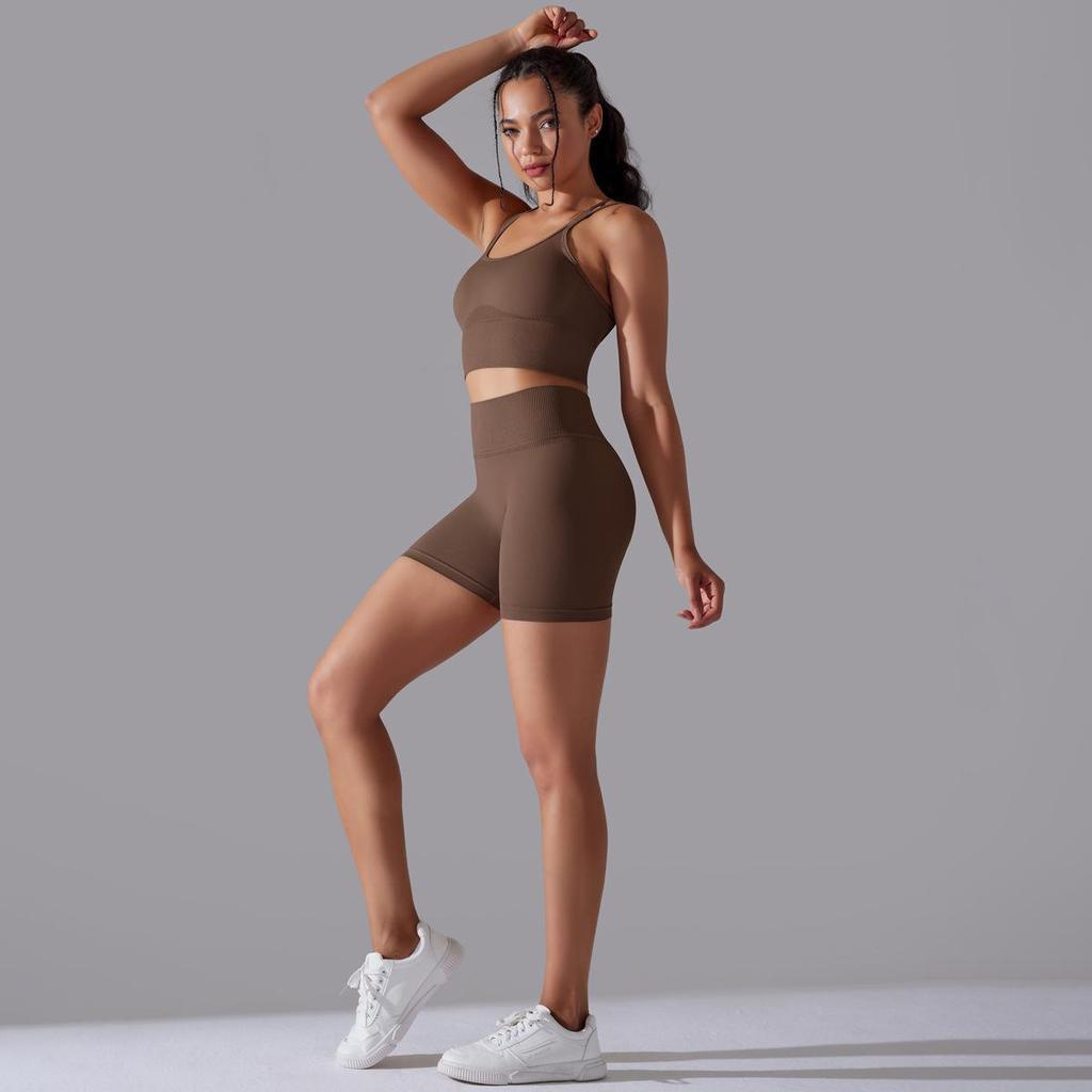 Seamless Knitted Solid Color Back High Elasticity Sports Tight Yoga Suit Set Running Fitness Two Piece Set