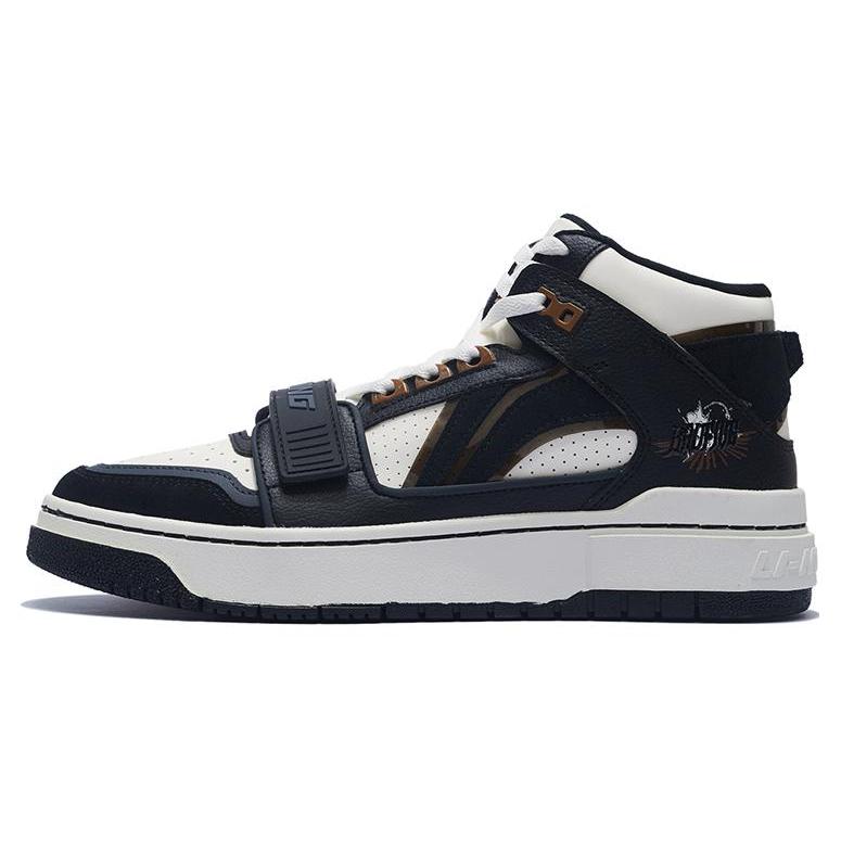 New LiNing Rookie High Dream Chasing Theme Runway Abrasion Resistant Mid Top Vintage Basketball Shoes Men's Black White ABCS055-2