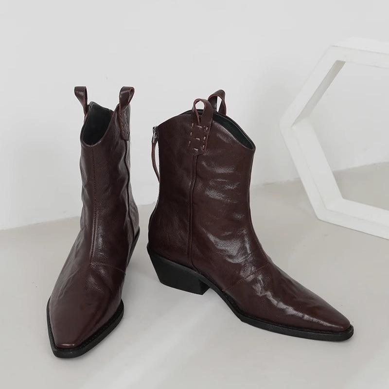 Pointed western cowboy boots women's naked boots spring and autumn fashion temperament scratched wrinkled V-mouth thick heel short boots