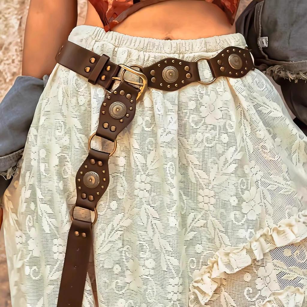 Western Cowboy Rivet Patchwork Leather Belt Retro Design for Women