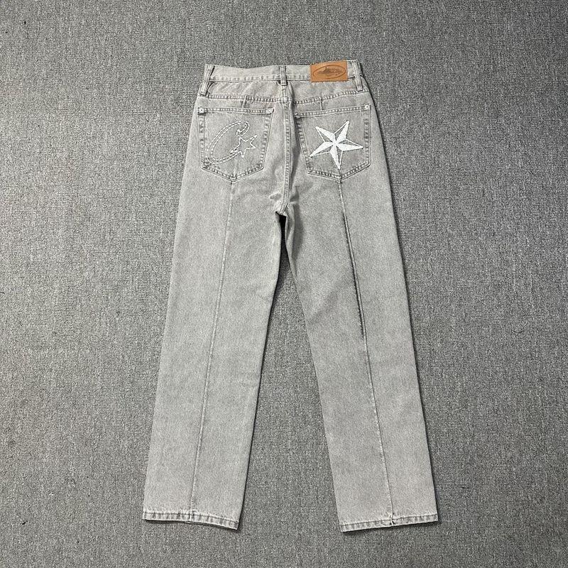 Pantaloncini in denim Corteiz Alcatraz da uomo con stella ricamata, lavaggio vintage, taglio dritto, casual, vita media