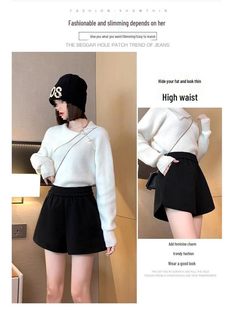Women's Black High-Waist Woolen A-Line Wide-Leg Shorts - Autumn/Winter Casual Wear