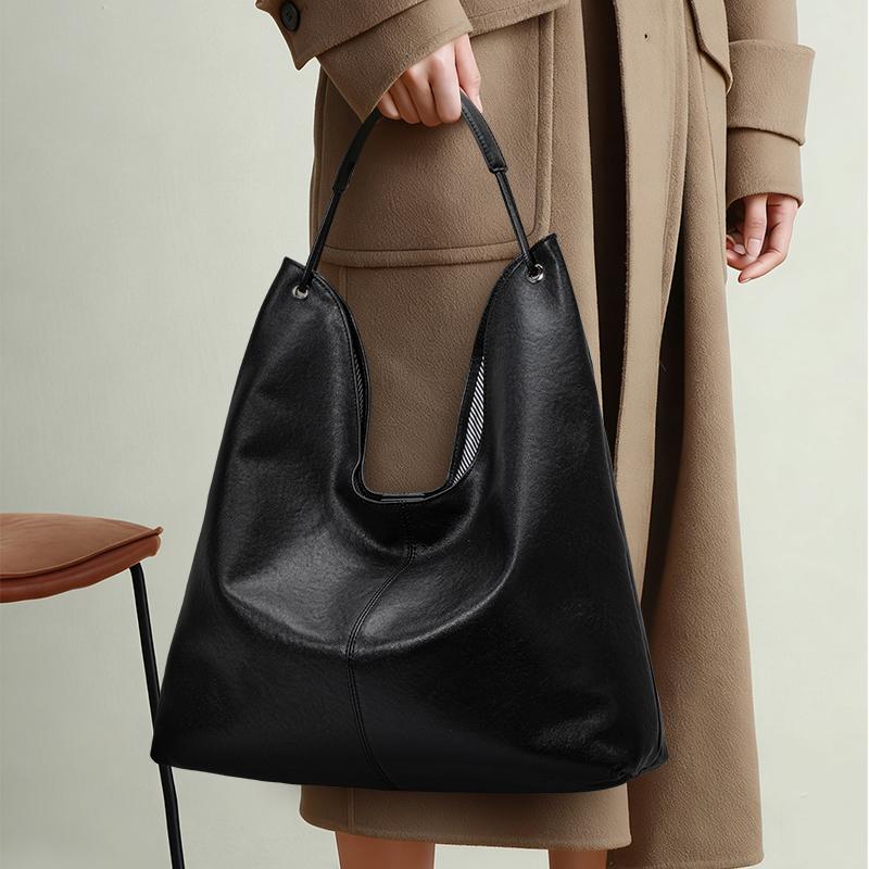 Women's Hobo Bag Genuine Leather Second Layer Soft Cowhide Handbag Black Fashion Shoulder Bag for Everyday Use