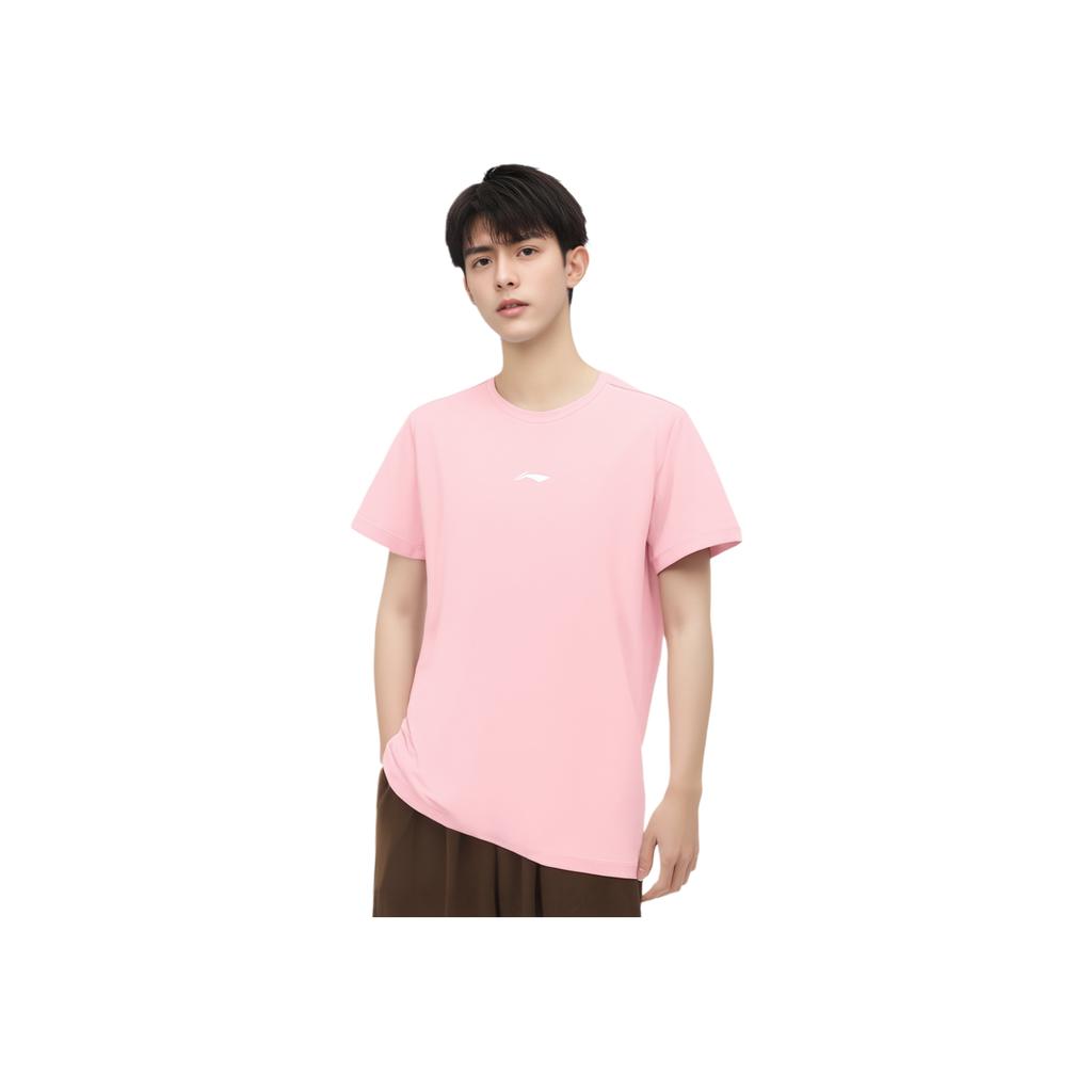 Seria Tenisa Stołowego Li Ning Jednolity Kolor Dopasowany Logo Marki Minimalistyczny Oddychający T-shirt z Krótkim Rękawem Unisex Top Matowy Różowy ATSV616-1