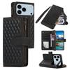 For iPhone 17 Pro Case 9 Card Slots Rhombus Design Leather Phone Cover with Wrist Strap