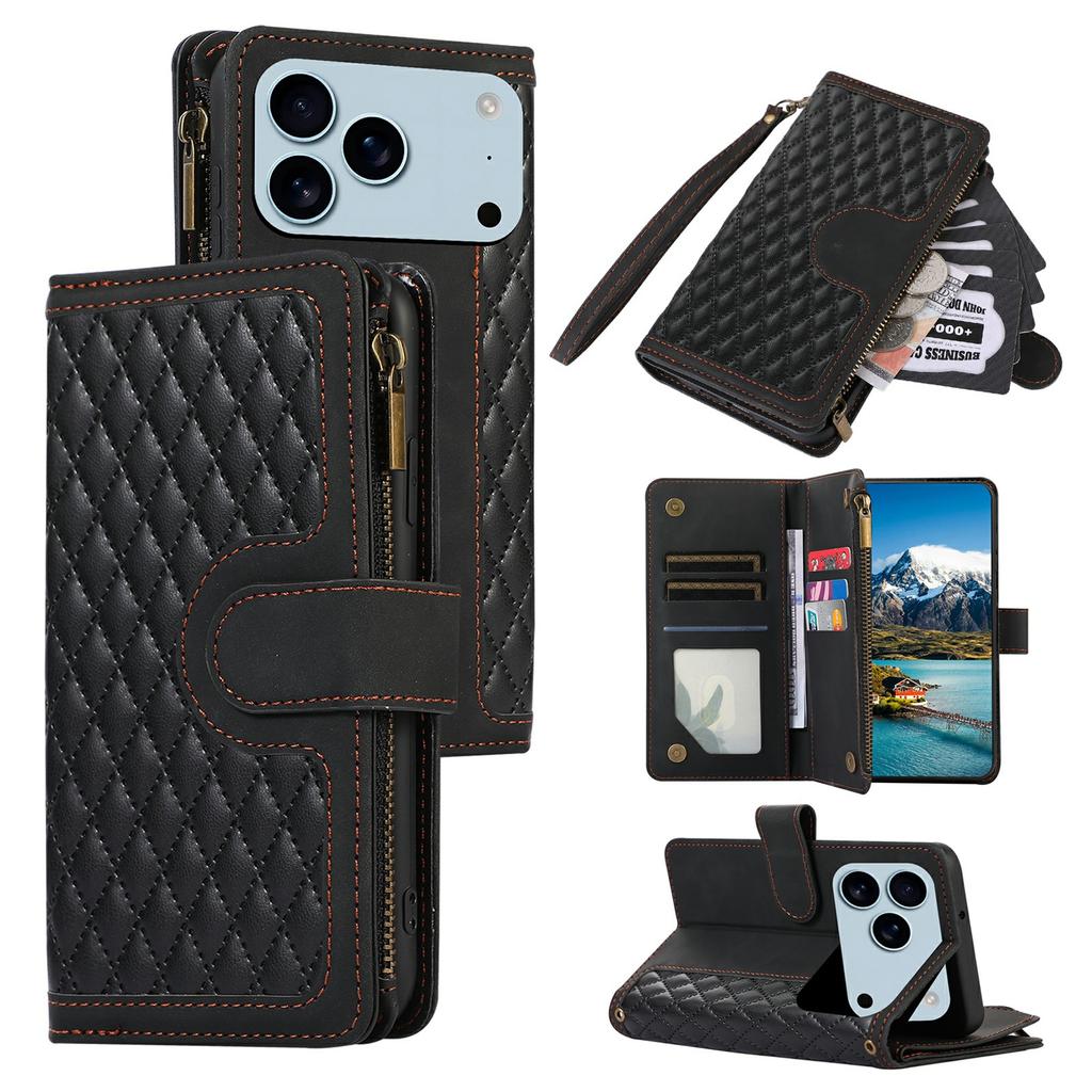 For iPhone 17 Pro Case 9 Card Slots Rhombus Design Leather Phone Cover with Wrist Strap