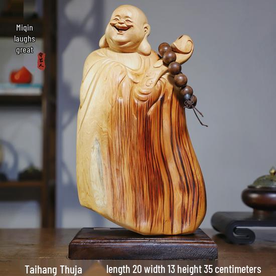Intaglio Radice di Legno di Cipresso di Scogliera: Ornamento Daruma Maitreya Buddha in Legno Massello in Zafferano Dorato e Legno di Rosa Nanmu.