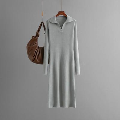 Long Autumn and Winter Dress, New Collar Knitted Solid Color Slim-fitting and Thin Bottoming Skirt, Women's Clothing
