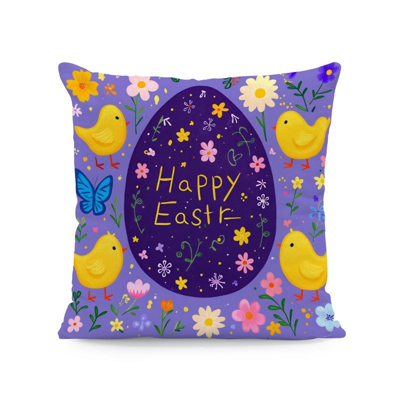 Happy Easter Egg Chick Floral Pillow Cover 2D Printed Peach Skin Cushion Case For Sofa Living Room Spring Decor 45X45