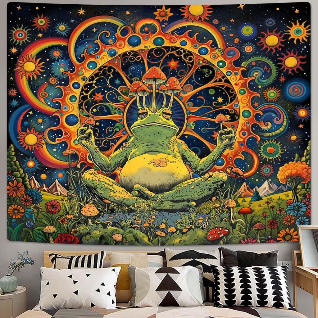 ARTCREATOR Funny Vintage Frog Mushroom Tapestry, Whimsical Mushroom Decor Hippie Wall Tapestries for Living Room Bedroom (29" X 37")
