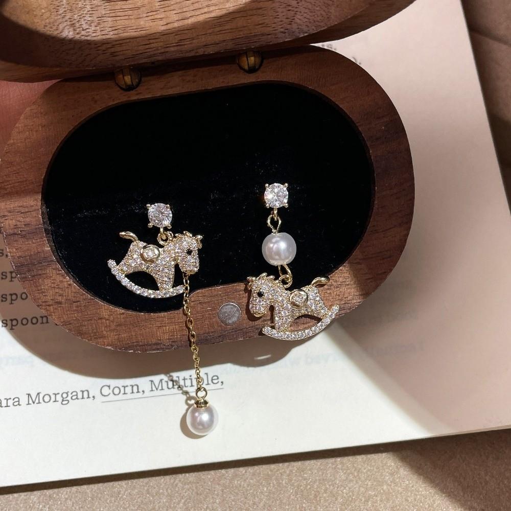 Cartoon Horse New Year Horse Earrings Zircon Horse Mascot Drop Earrings Gold Pony Earrings Women