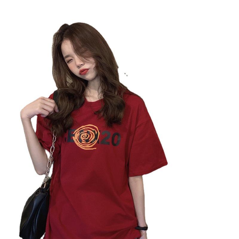 2024 Korean Summer Loose Round Neck Letter Print Mid-Length Casual Short Sleeve Women's T-Shirt