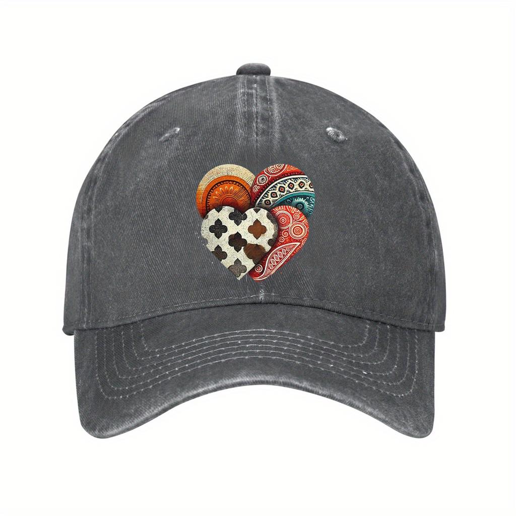 Boho Heart Print Baseball Cap Distressed Cotton Dad Hat Casual Adjustable Unisex