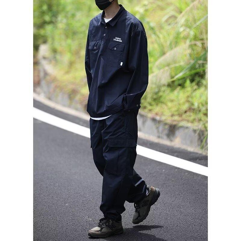 Japanese Retro Simple Letter Embroidered Shirt Men's Long Sleeve Lapel Multi-Pocket Casual Shirt Spring and Autumn Coat