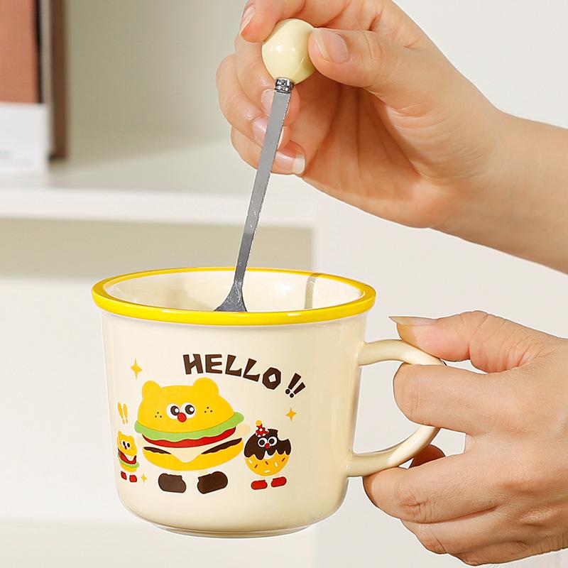 Niedliches Geschenk Keramiktasse Souvenirtasse Frauen Becher Cartoon Wassertasse Haushalt Kaffeetasse mit Deckel Löffel Kinder