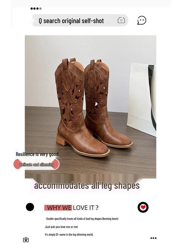 Botas Western Cowboy Bordadas de Couro Macio Femininas - Marrom Retrô Cano Médio Estilo Deserto de Verão (2025)