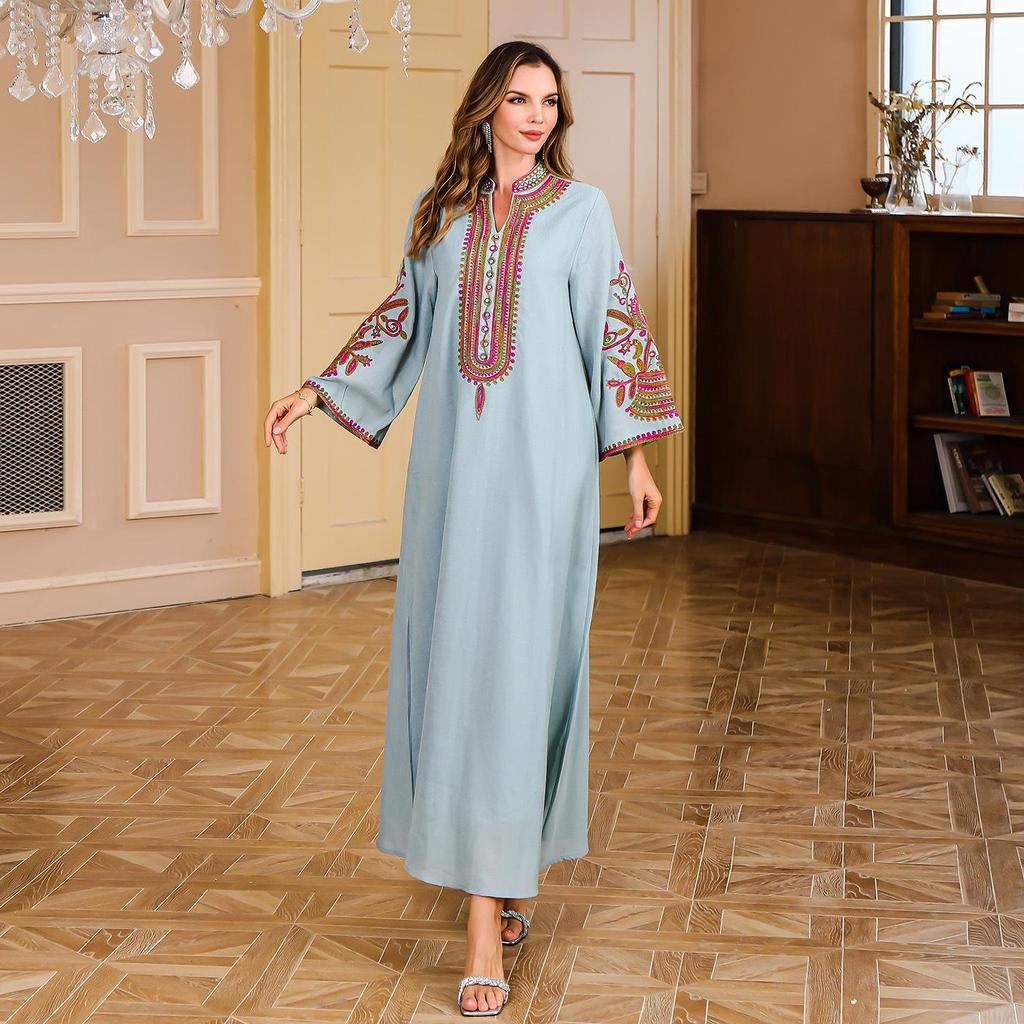 In Stock Middle Eastern Embroidered Long Robe - Women's Dubai Turkish Abaya Evening Dress