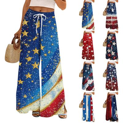 Ladies' Loose Casual Independent Day Printed Wide Leg Pants with Elastic Waist Drawstring and Pocket Pants