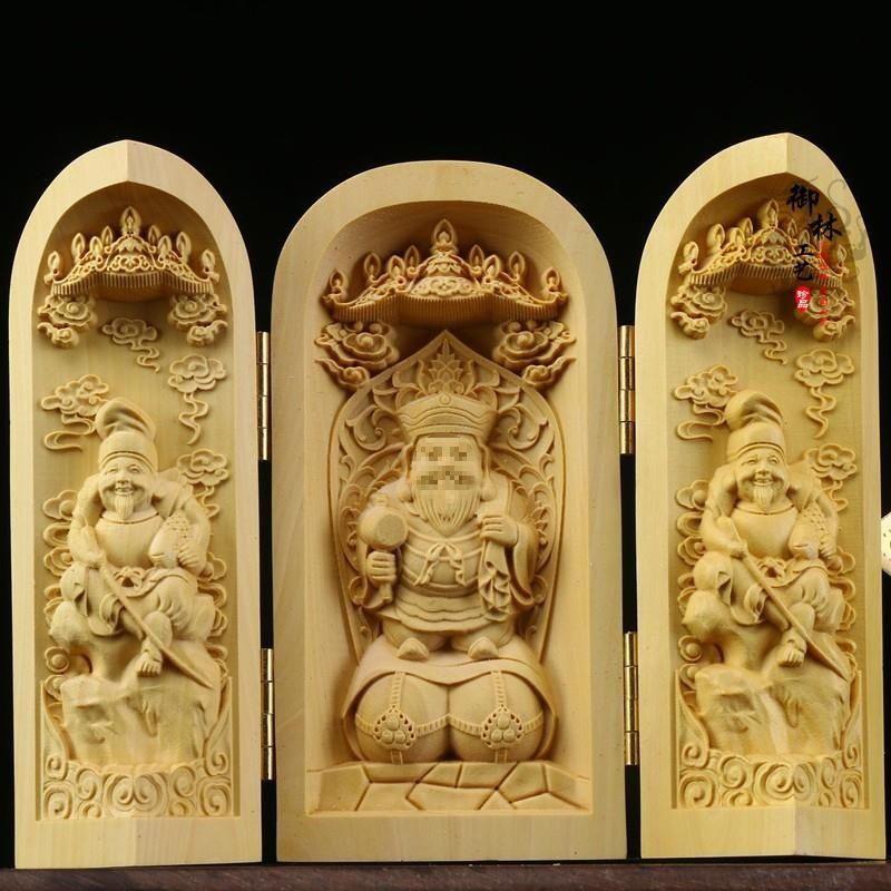 Boxwood Western Tři svatí Buddha Guanyin Masivní dřevo Přenosná třípanelová řezbovaná ozdoba