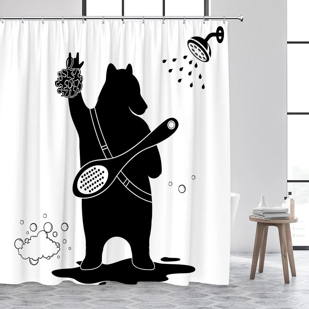 Funny Animal Shower Curtain, Black and White Wildlife Elephant Dinosaur Shower Cartoon Cat Polyester Fabric Bathroom Decor Set