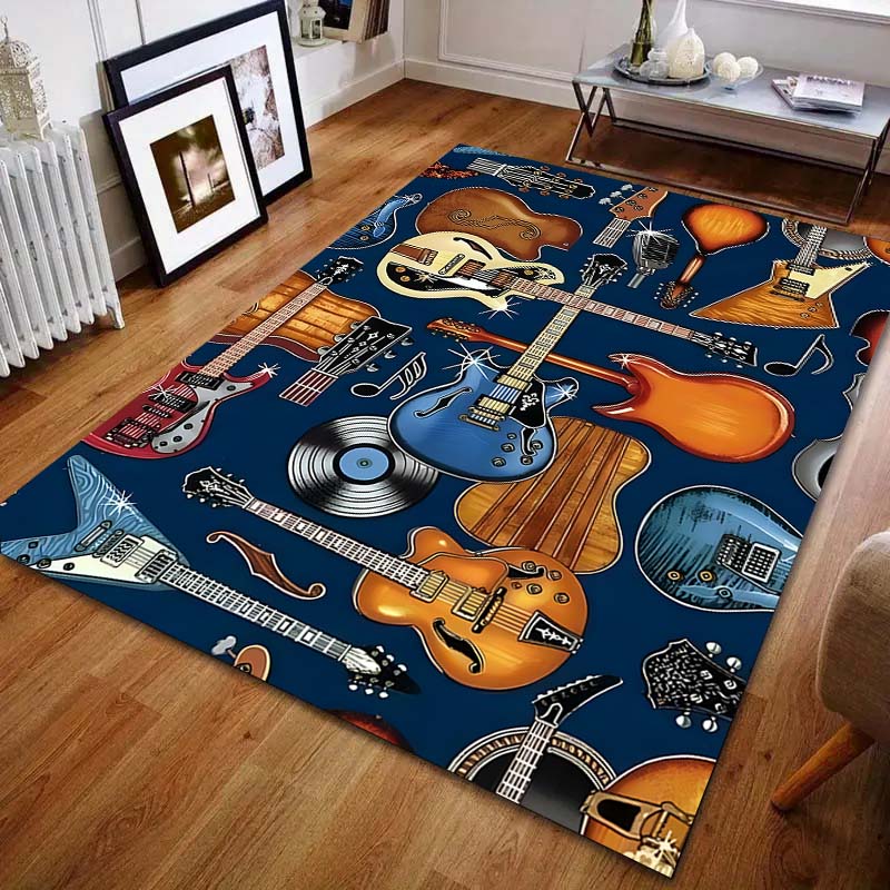1 ks Koberec se vzorem rockové kytary, basy, hudebního nástroje, do obývacího pokoje, ložnice, k posteli, podlahová rohožka, domácí dekorace, velký rozměr, luxusní dárek
