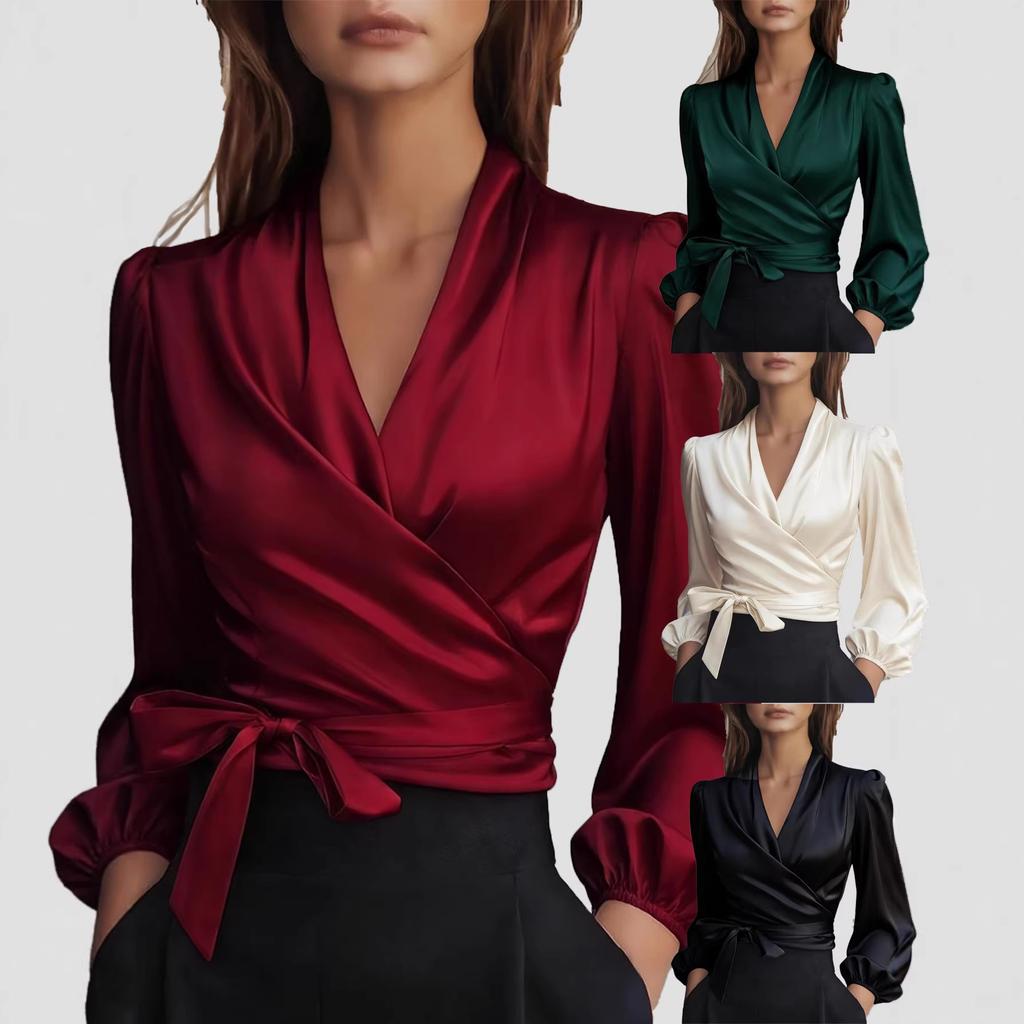 European and American temperament commuting long-sleeved bubble sleeves slim-fitting V-neck woven shirt top