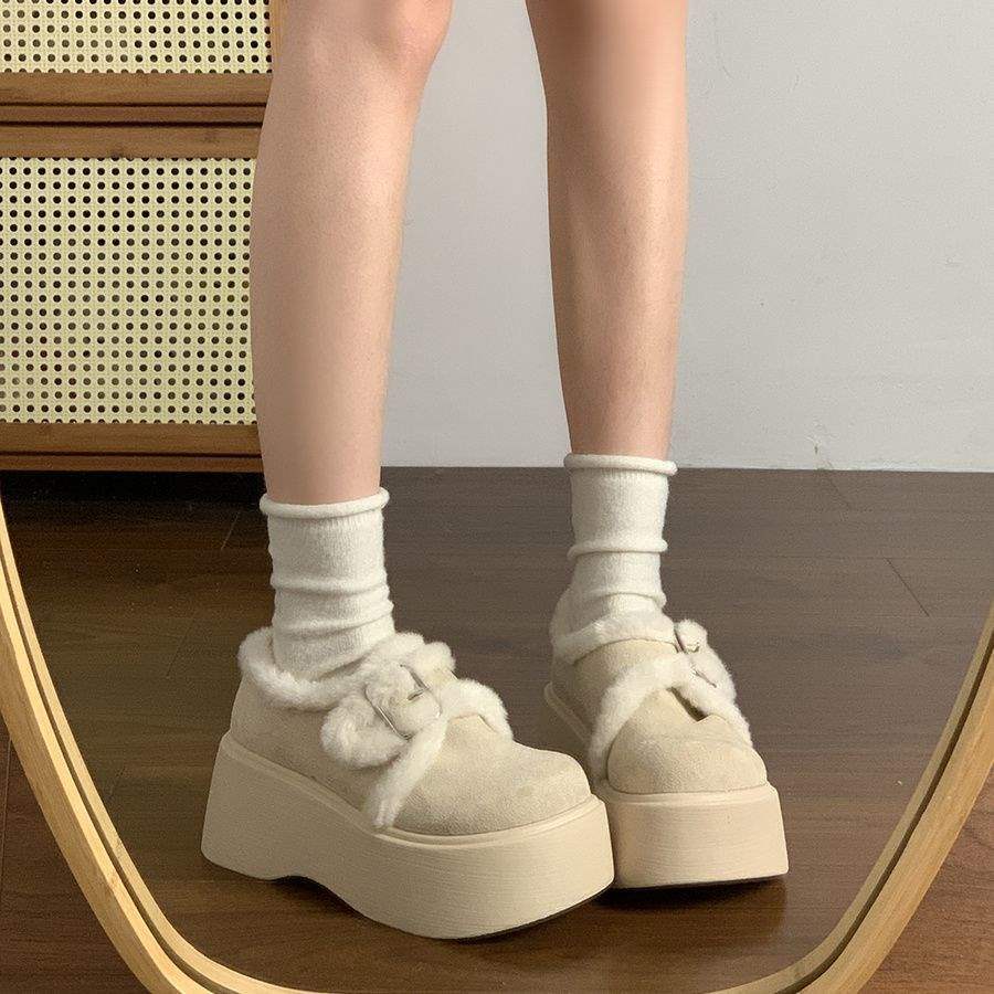 Fleece muffin thick-soled Birkenstock cotton shoes for women's winter wear 2025 new retro warm fluffy shoes