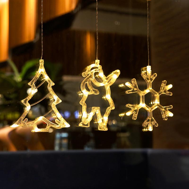 1Pcs Christmas LED String Light Sucker Christmas tree Pendant Window Ornaments  Snowflake Santa Bells Fawn Pentagram