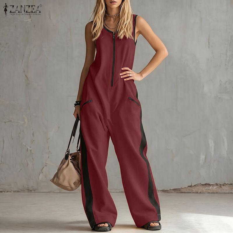 ZANZEA Womens Casual Round Neck Sleeveless Loose Long Jumpsuits