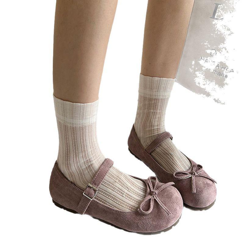 Spring 2025 New Flat Bottom Mary Jane Shoes with Bow Women's French Round Head Ballet Style Single Shoes