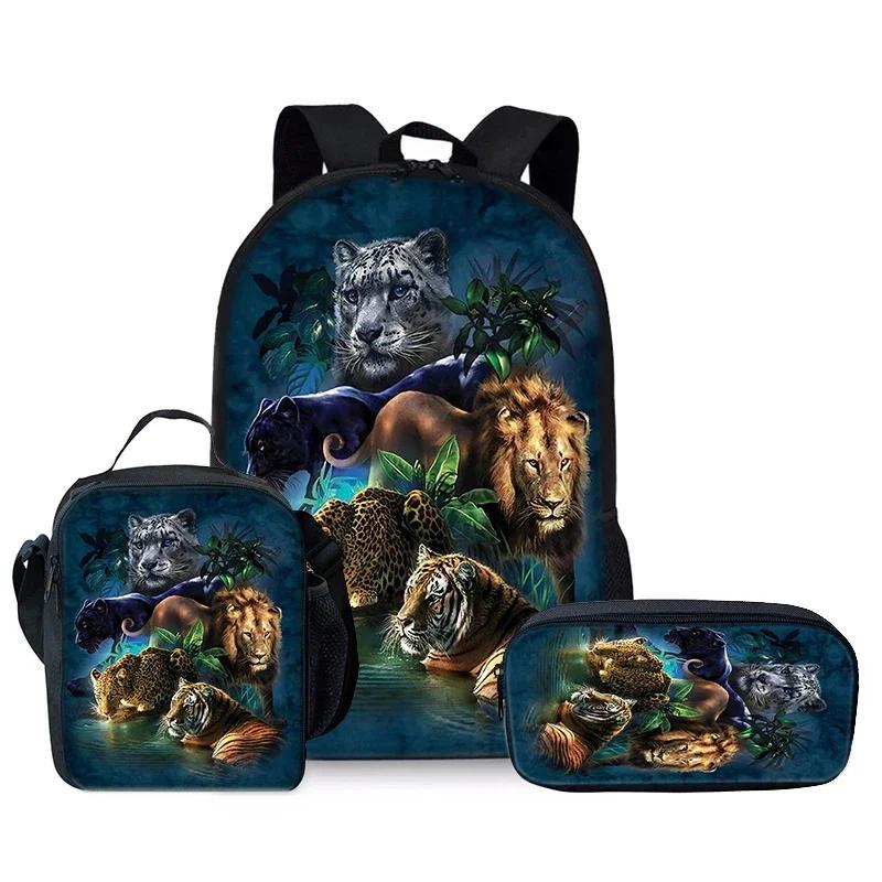 Tierwelt Biest Dreiteiliges Set Rucksäcke für Jungen und Mädchen Beste Geschenke 2D Flacher Cartoon Schulrucksack für Kinder
