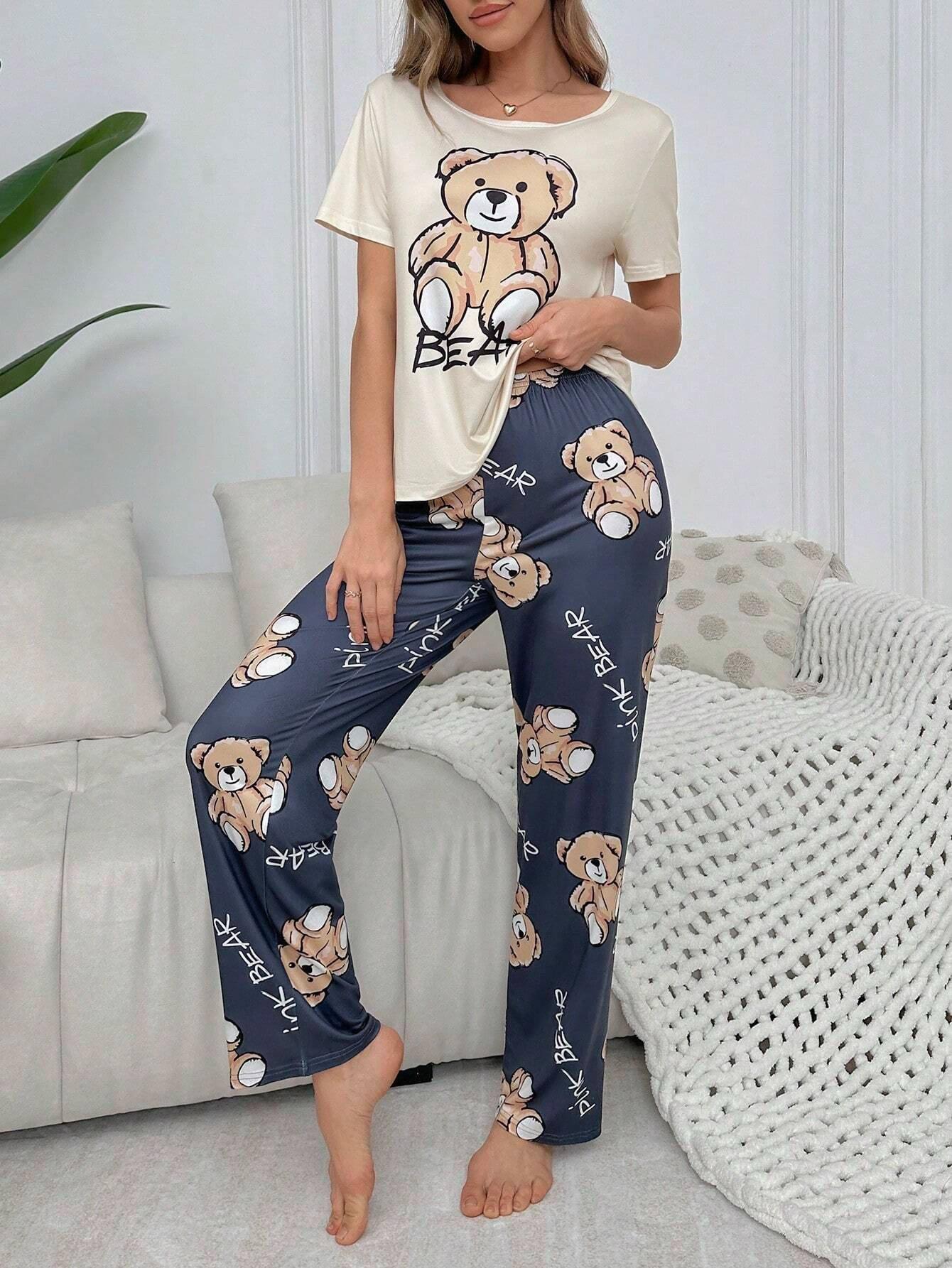 

Cartoon bear print loungewear set four seasons comfortable pajamas XS