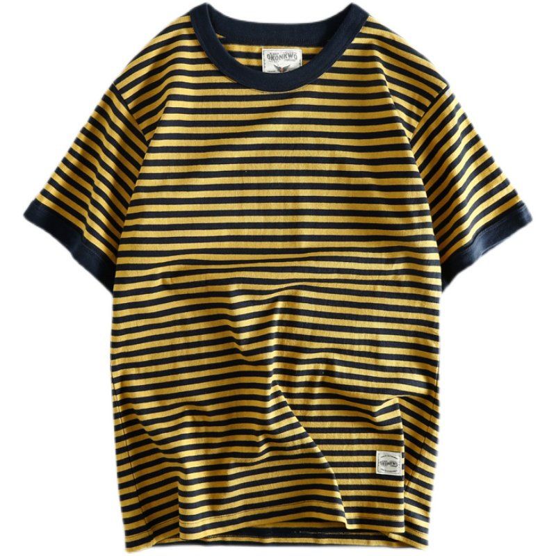 Schwergewicht Rinderwaren ~ Amerikanisches Retro-Streifen Rundhals Kurzarm T-Shirt Amekaji Middybluse Marineblau-Gestreiftes Hemd Modemarke Oberteil