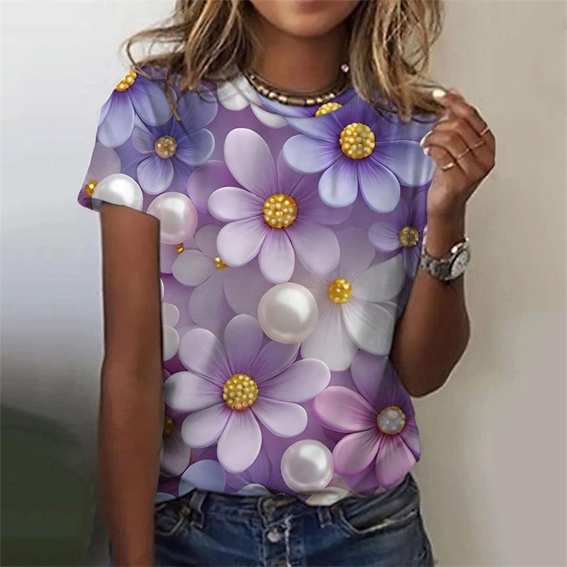Summer Round Neck 3D Flowers Graphic Print Top Fashionable Casual Short Sleeved Women's T-shirts