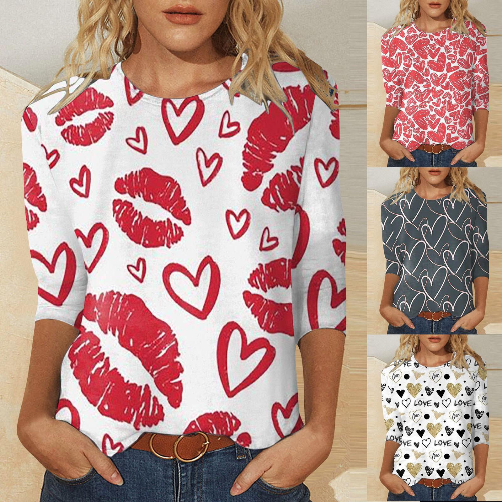 

Женская мода, повседневная блузка с рукавом три четверти, пуловер с круглым вырезом и принтом на День святого Валентина