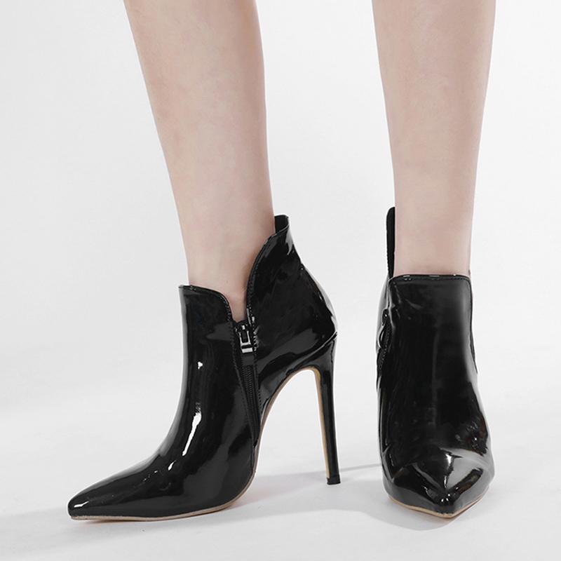 Liyke  Spring Black Patent Leather Women Pumps Shoes Sexy Pointed Toe Zip Ankle Boots Party Stripper Heels Modern Booties